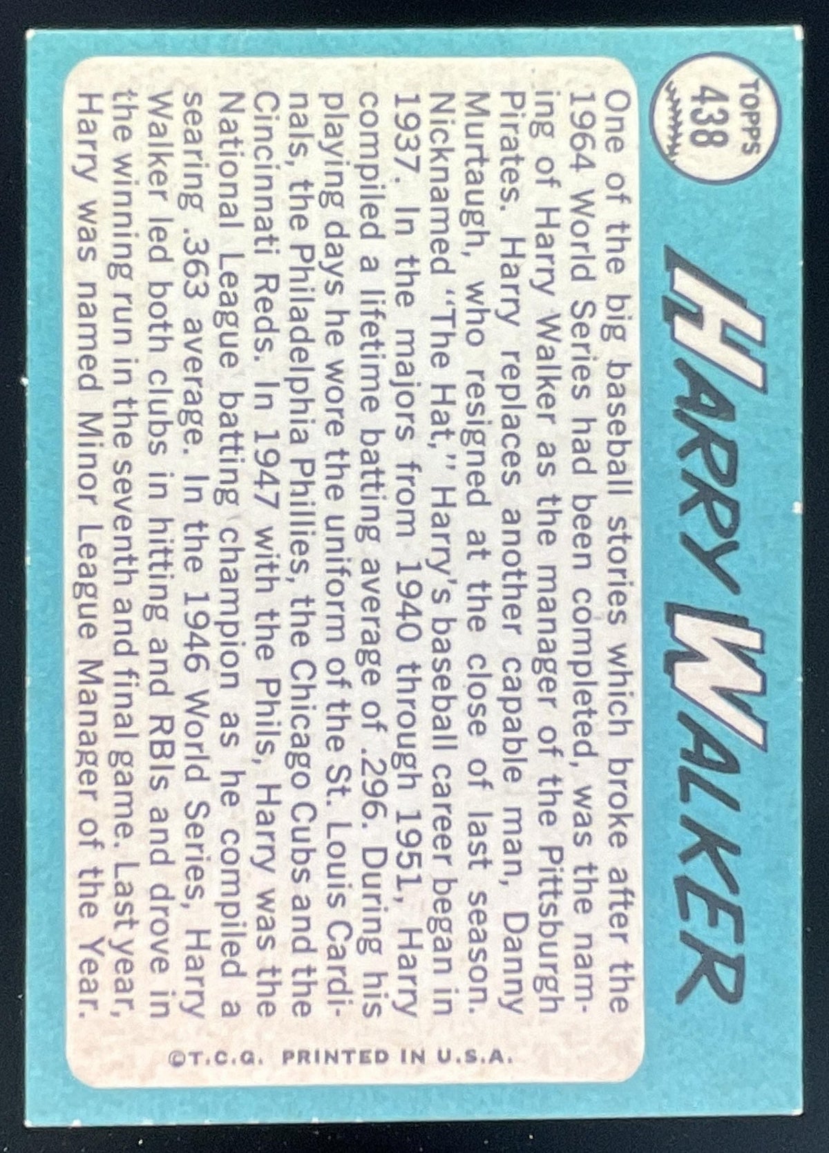 1965 Topps #438 Harry Walker product image 2, provided for visual reference and product detail review