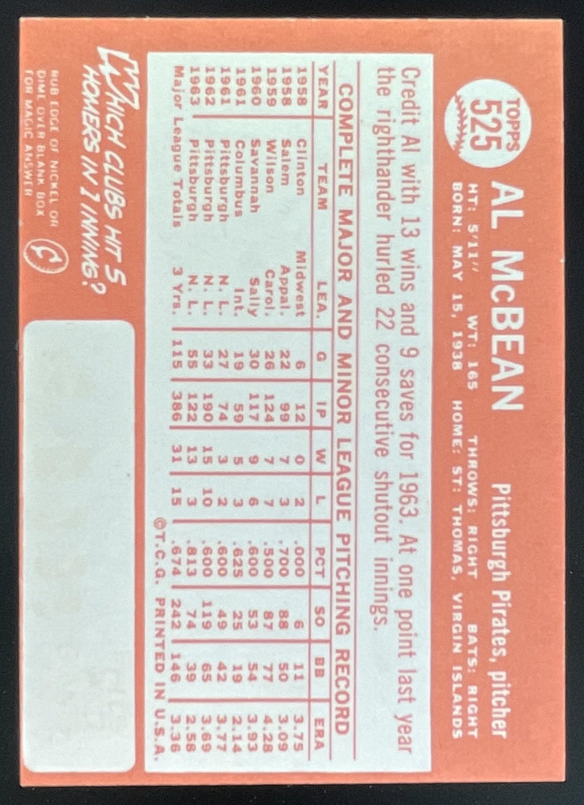 1964 Topps #525 Al McBean product image 2, provided for visual reference and product detail review