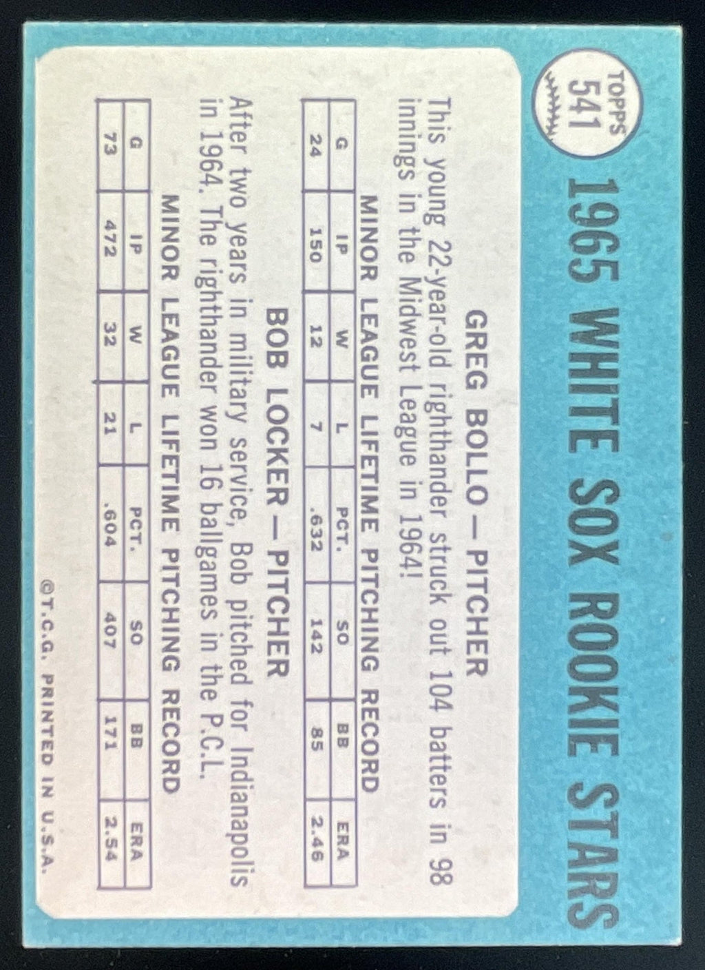 1965 Topps #541 White Sox 1965 Rookie Stars Greg Bollo Bob Locker RS, RC product image 2, provided for visual reference and