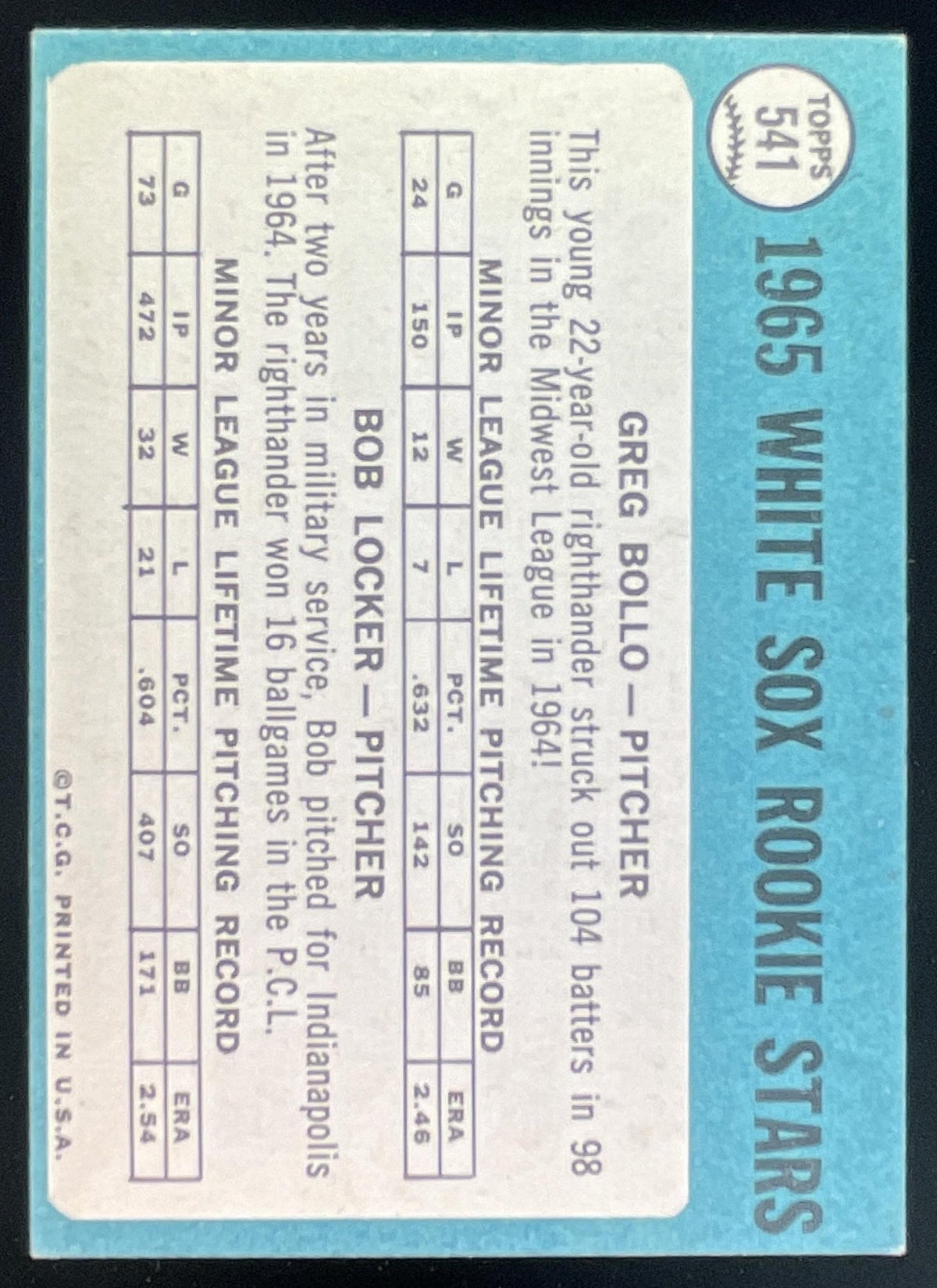 1965 Topps #541 White Sox 1965 Rookie Stars Greg Bollo Bob Locker RS, RC product image 2, provided for visual reference and