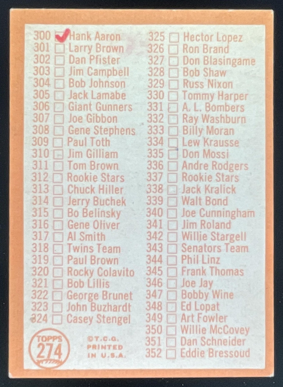 1964 Topps #274 4th Series Checklist: 265-352 product image 2, provided for visual reference and product detail review