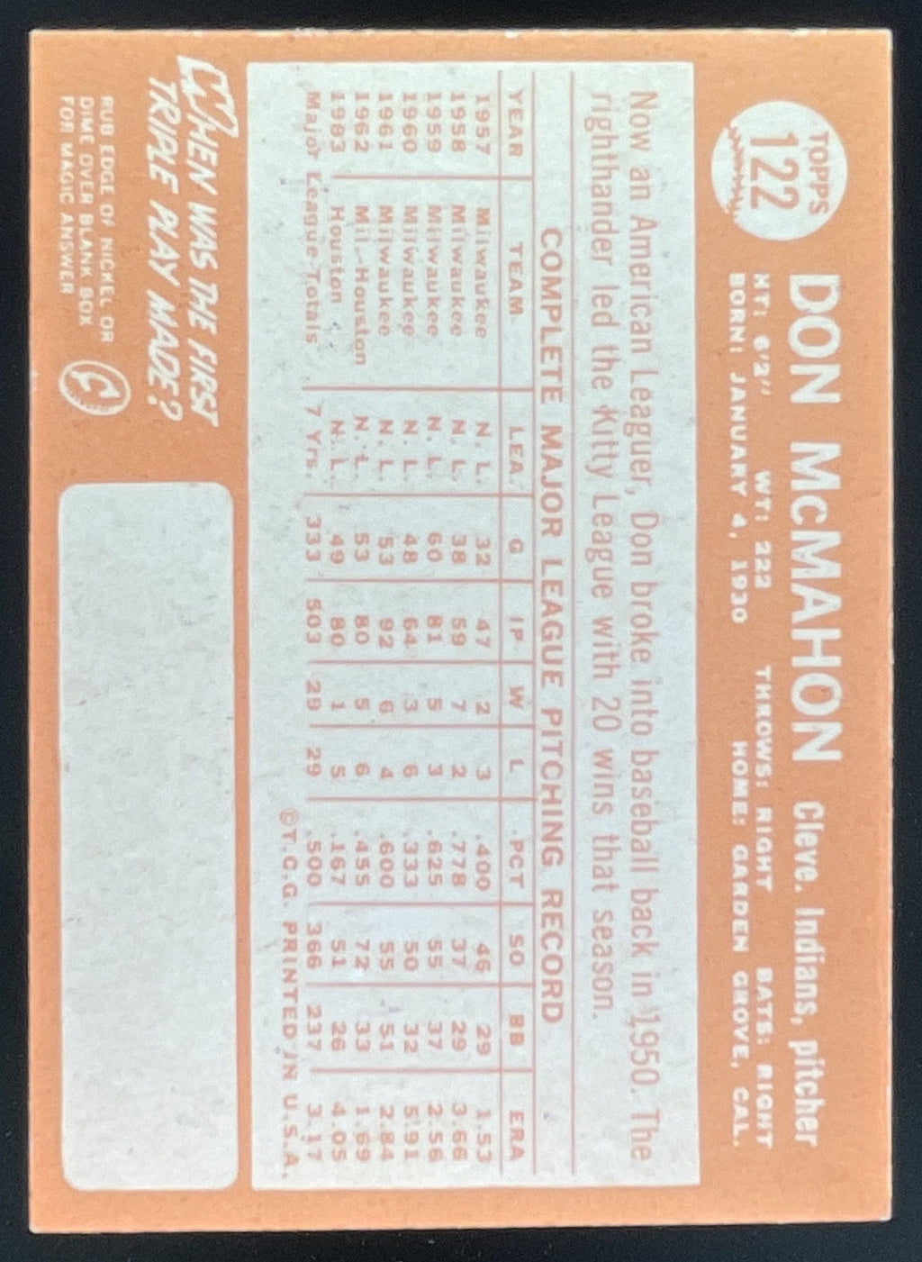 1964 Topps #122 Don McMahon product image 2, provided for visual reference and product detail review
