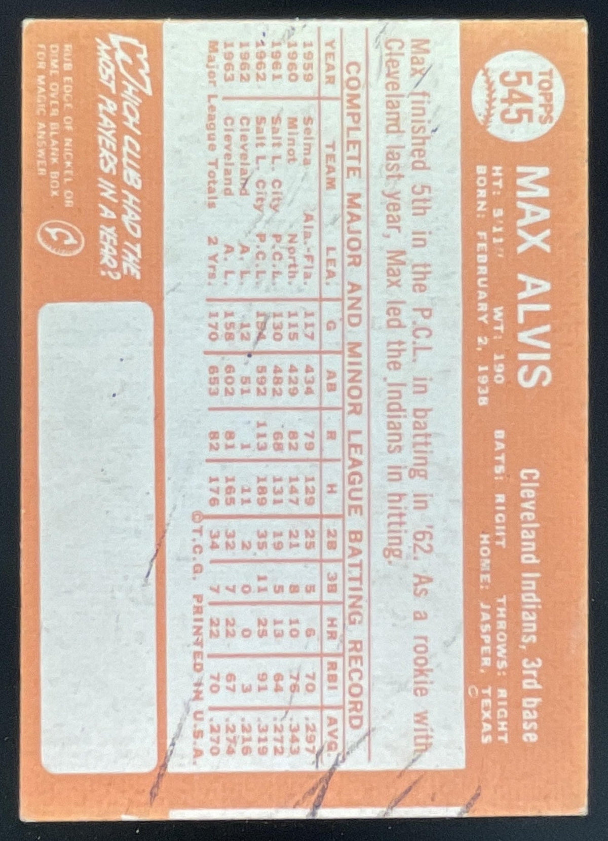 1964 Topps #545 Max Alvis product image 2, provided for visual reference and product detail review