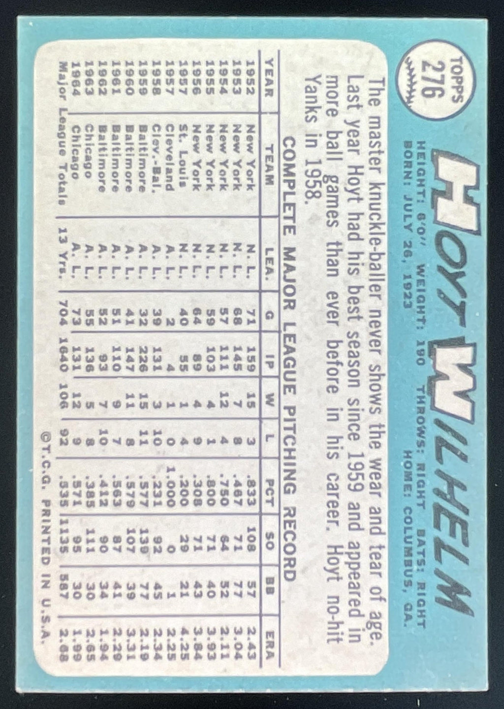 1965 Topps #276 Hoyt Wilhelm product image 2, provided for visual reference and product detail review