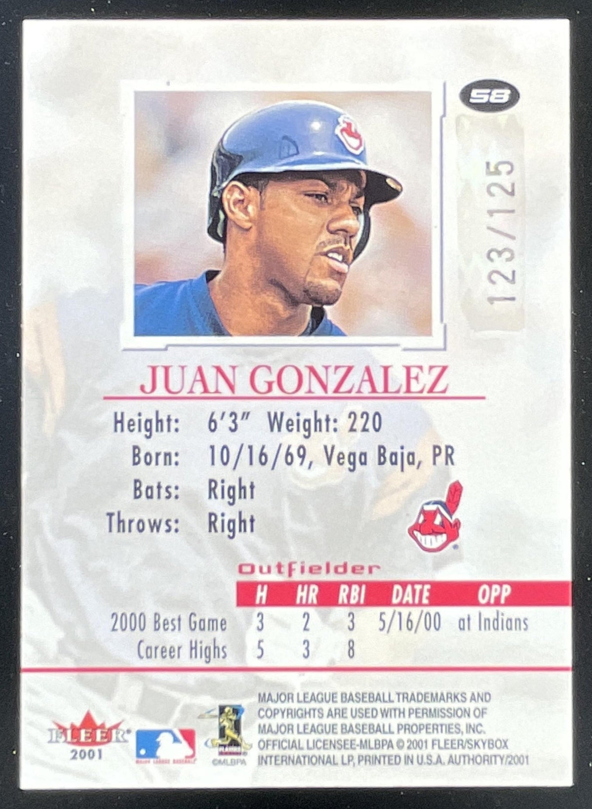 2001 Fleer Authority Prominence #58 Juan Gonzalez /125 product image 2, provided for visual reference and product detail