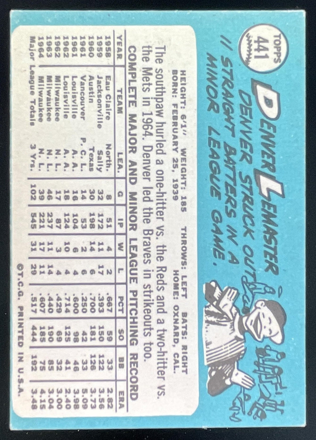 1965 Topps #441 Denver Lemaster product image 2, provided for visual reference and product detail review