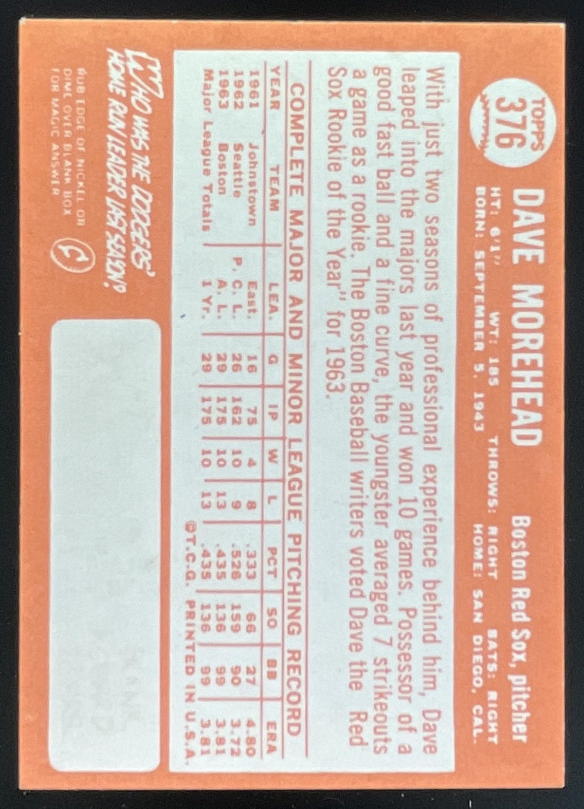 1964 Topps #376 Dave Morehead product image 2, provided for visual reference and product detail review
