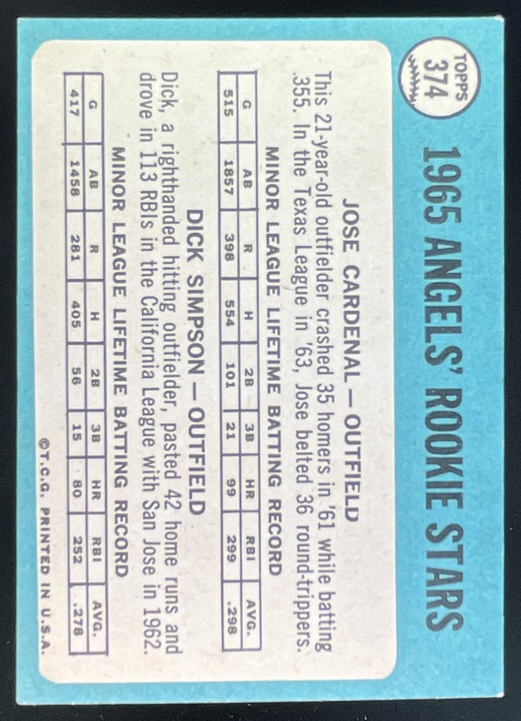 1965 Topps #374 Angels 1965 Rookie Stars Jose Cardenal Dick Simpson RS, RC product image 2, provided for visual reference
