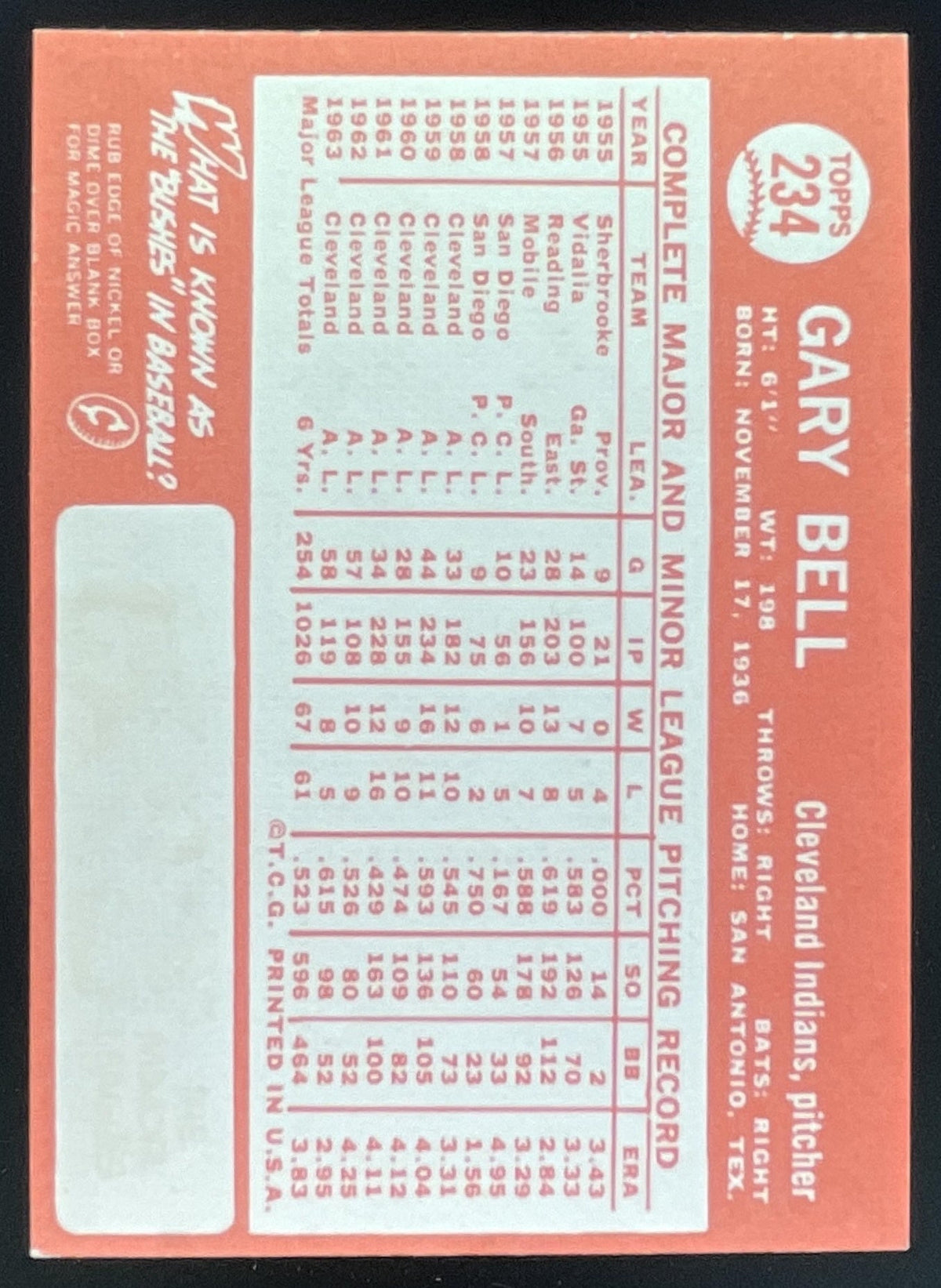 1964 Topps #234 Gary Bell product image 2, provided for visual reference and product detail review