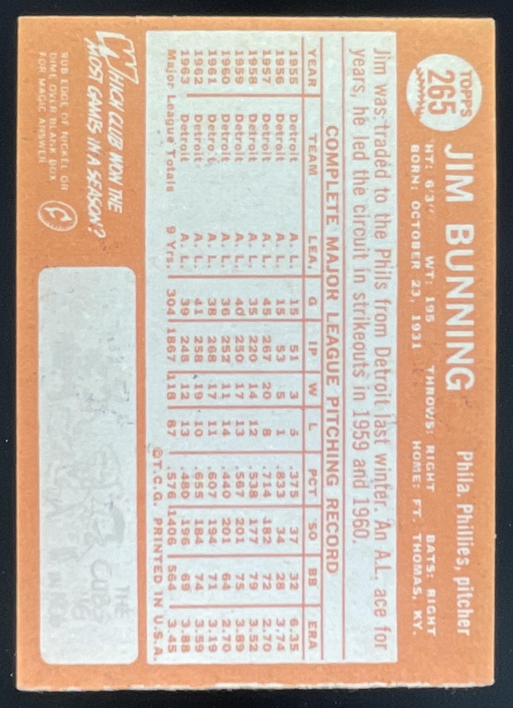 1964 Topps #265 Jim Bunning product image 2, provided for visual reference and product detail review