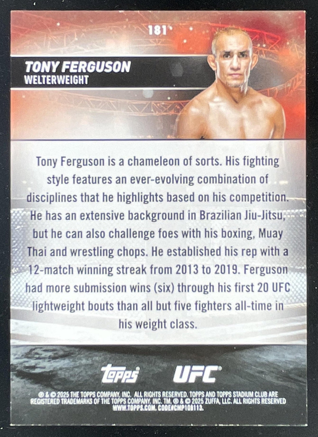 2025 Topps UFC Stadium Club Member's Only #181 Tony Ferguson product image 2, provided for visual reference and product