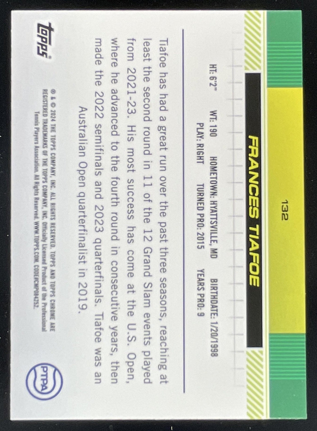2024 Topps Chrome Lime Green Refractor #132 Frances Tiafoe /299 product image 2, provided for visual reference and product