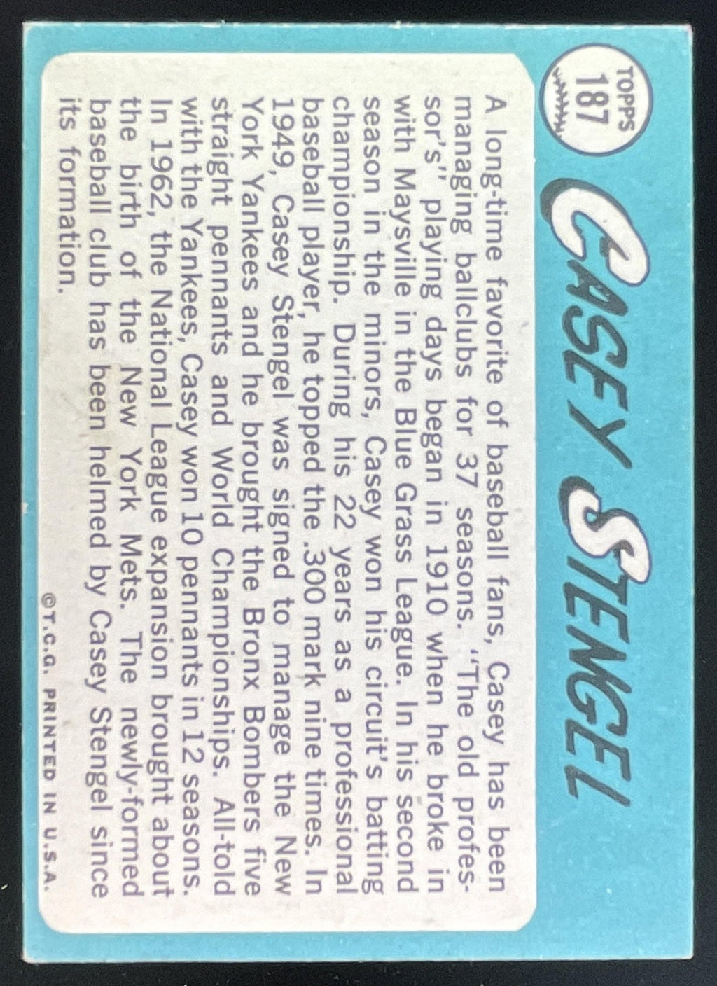 1965 Topps #187 Casey Stengel product image 2, provided for visual reference and product detail review