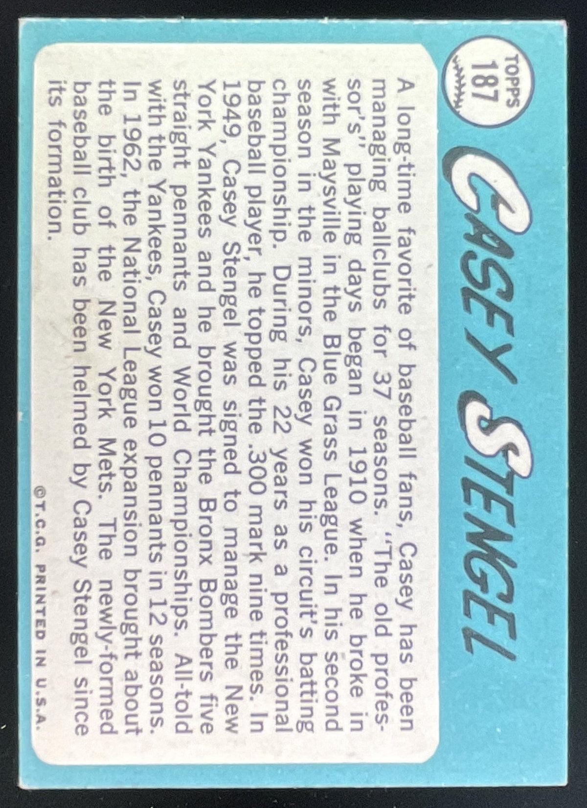 1965 Topps #187 Casey Stengel product image 2, provided for visual reference and product detail review