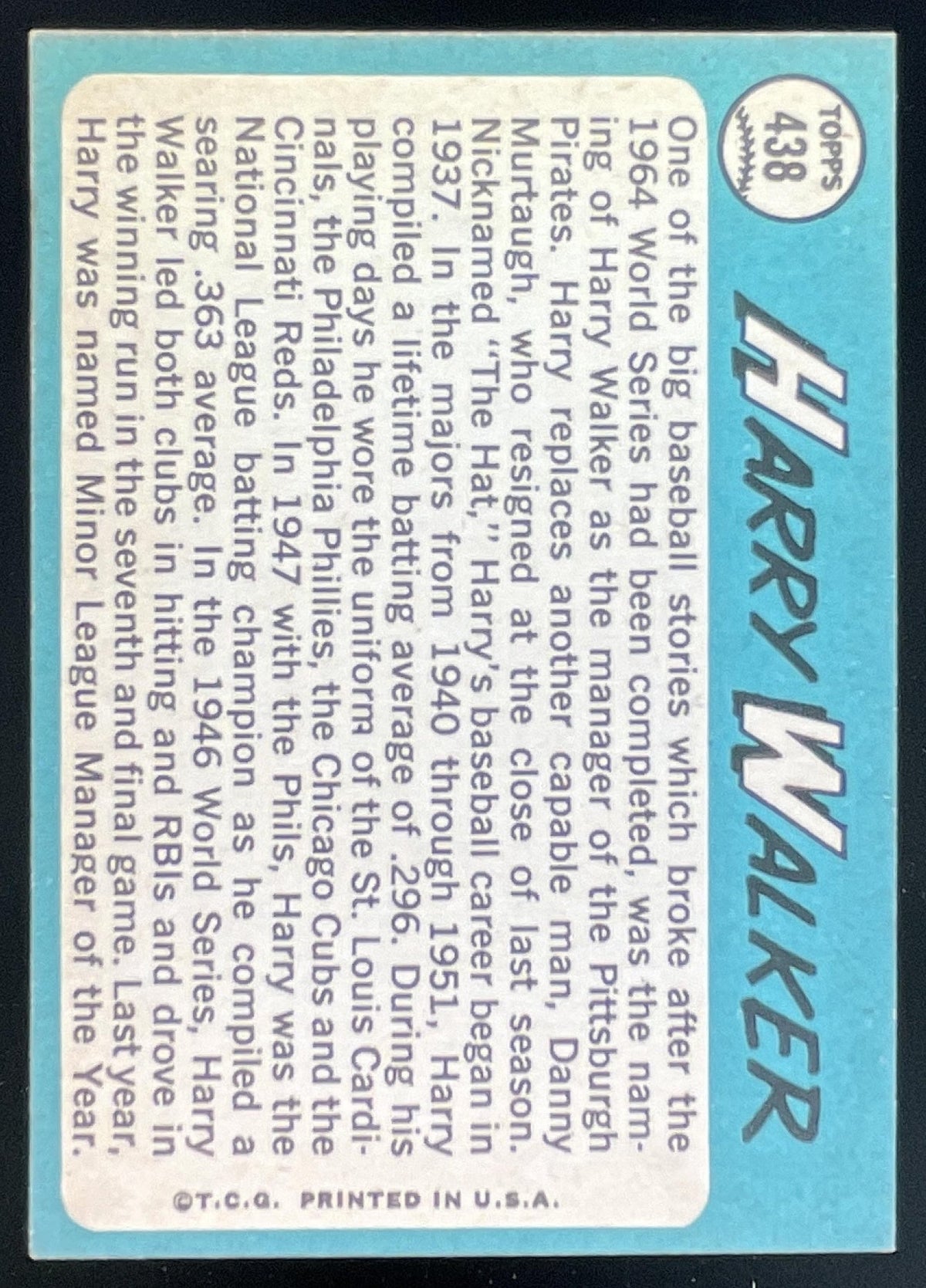 1965 Topps #438 Harry Walker product image 2, provided for visual reference and product detail review