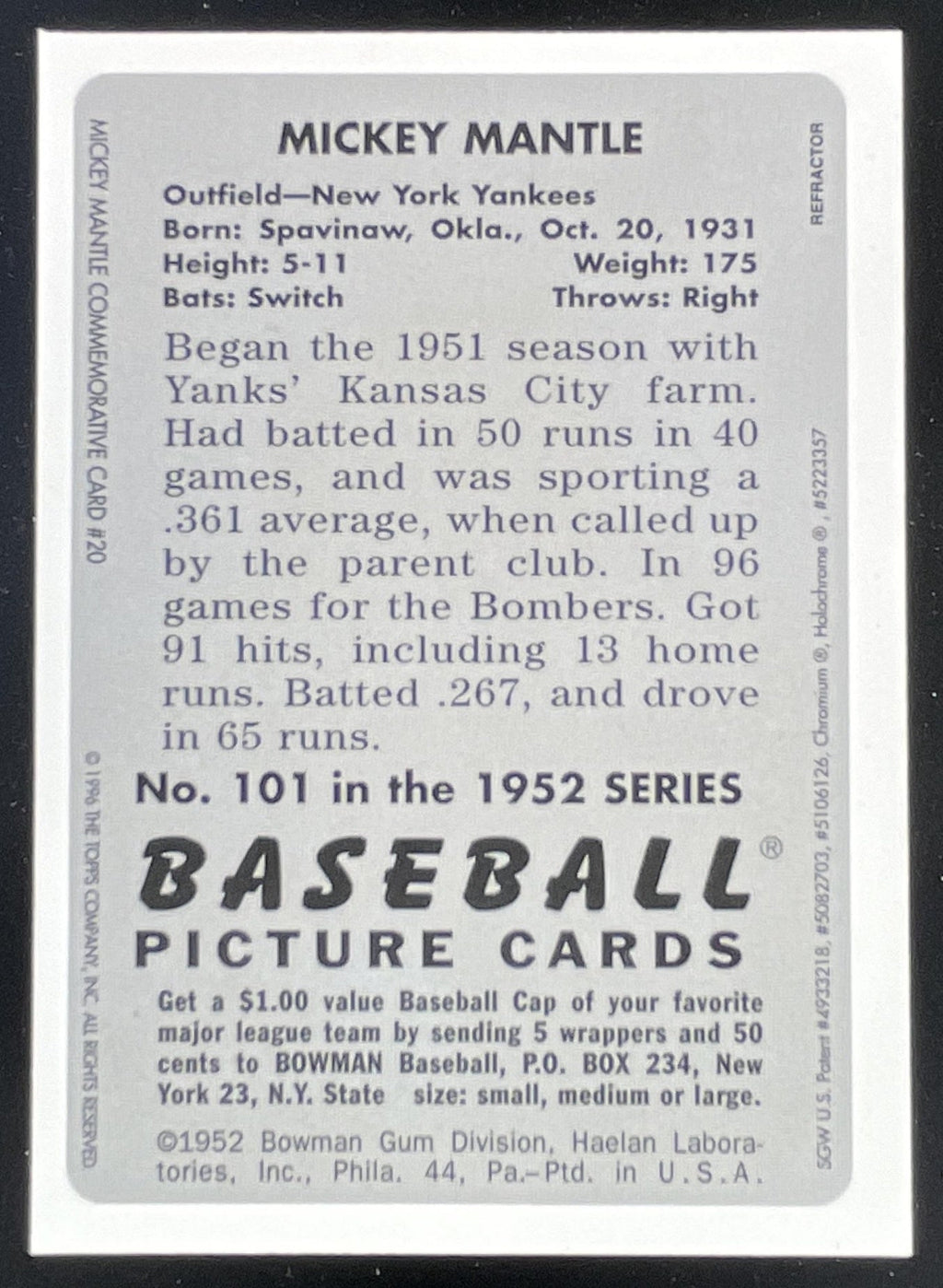1996 Bowman's Best Mickey Mantle Commemorative Reprint Finest #20 Mickey Mantle product image 2, provided for visual