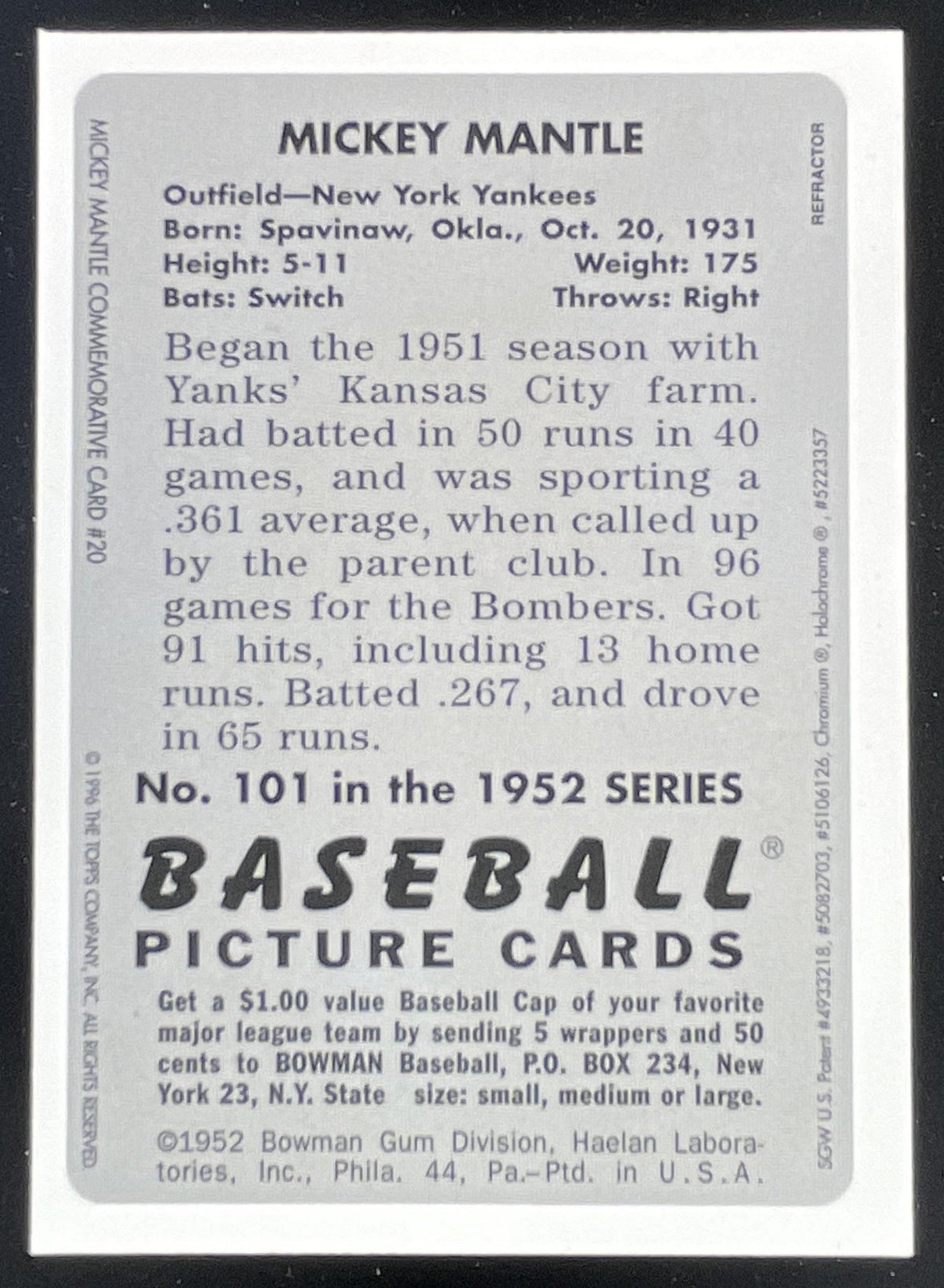 1996 Bowman's Best Mickey Mantle Commemorative Reprint Finest #20 Mickey Mantle product image 2, provided for visual
