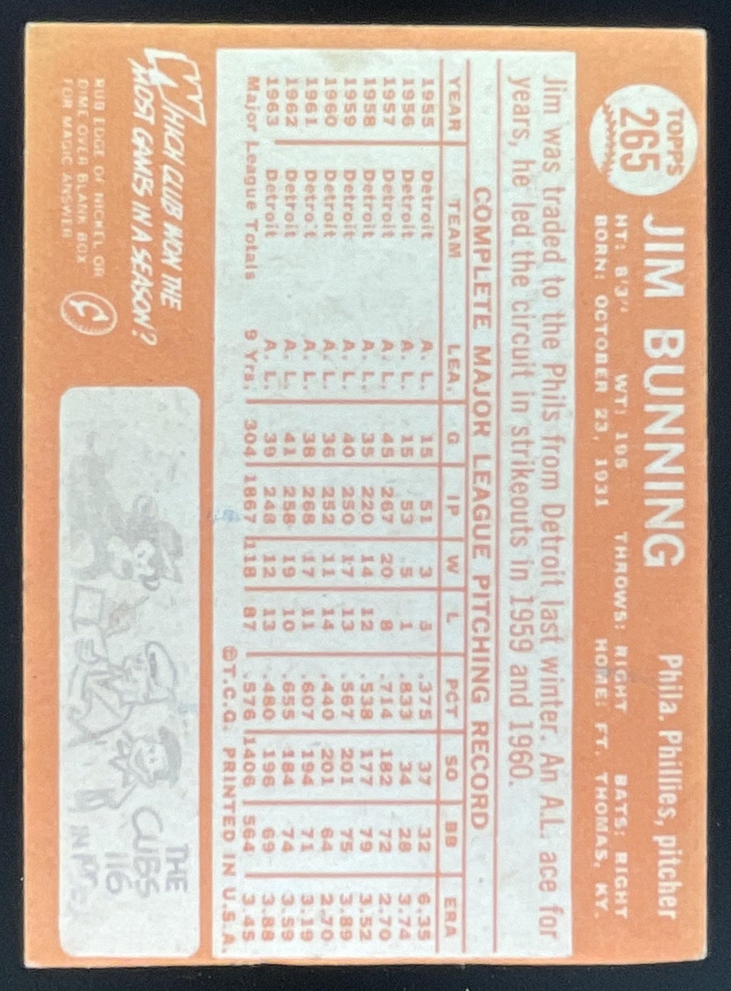 1964 Topps #265 Jim Bunning product image 2, provided for visual reference and product detail review