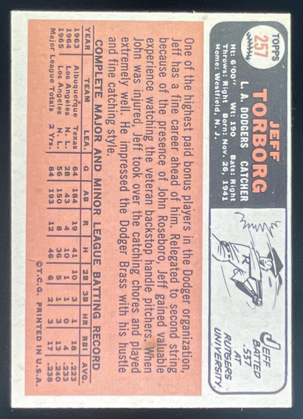 1966 Topps #257 Jeff Torborg product image 2, provided for visual reference and product detail review