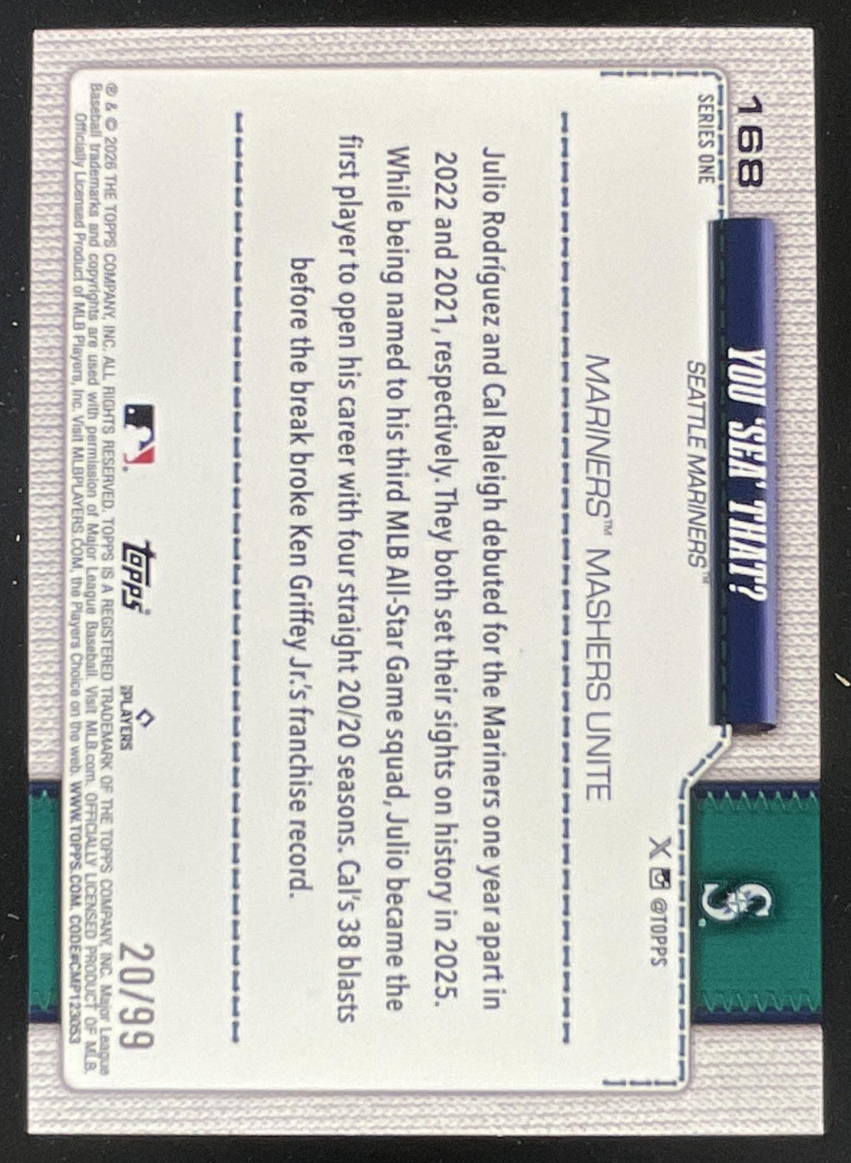 2026 Topps Series 1 Green Diamante Foil #140 Cal Raleigh /99 product image 2, provided for visual reference and product
