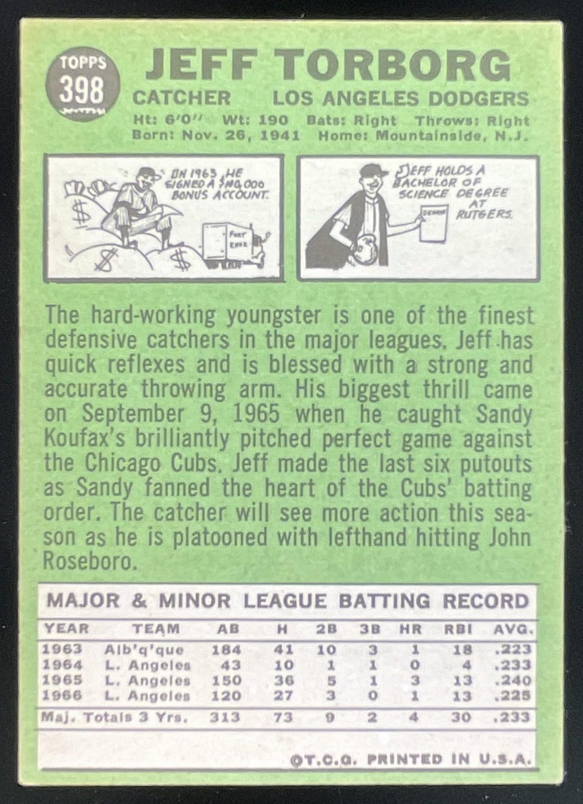 1967 Topps #398 Jeff Torborg product image 2, provided for visual reference and product detail review