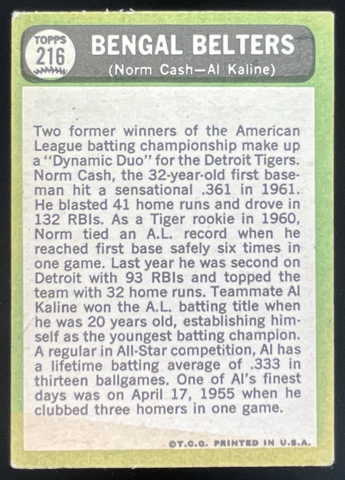1967 Topps #216 Bengal Belters Norm Cash Al Kaline C product image 2, provided for visual reference and product detail review