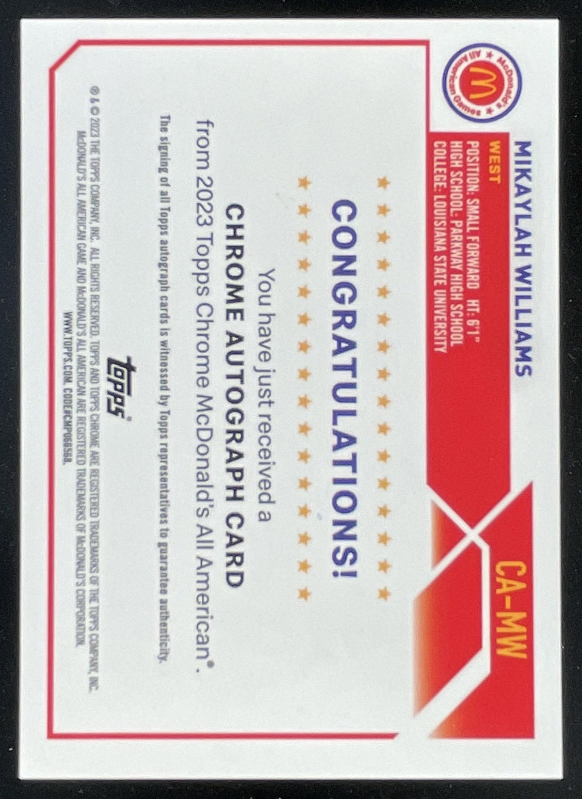 2023 Topps Chrome McDonald's All American Chrome #CA-MW Mikaylah Williams Auto product image 2, provided for visual