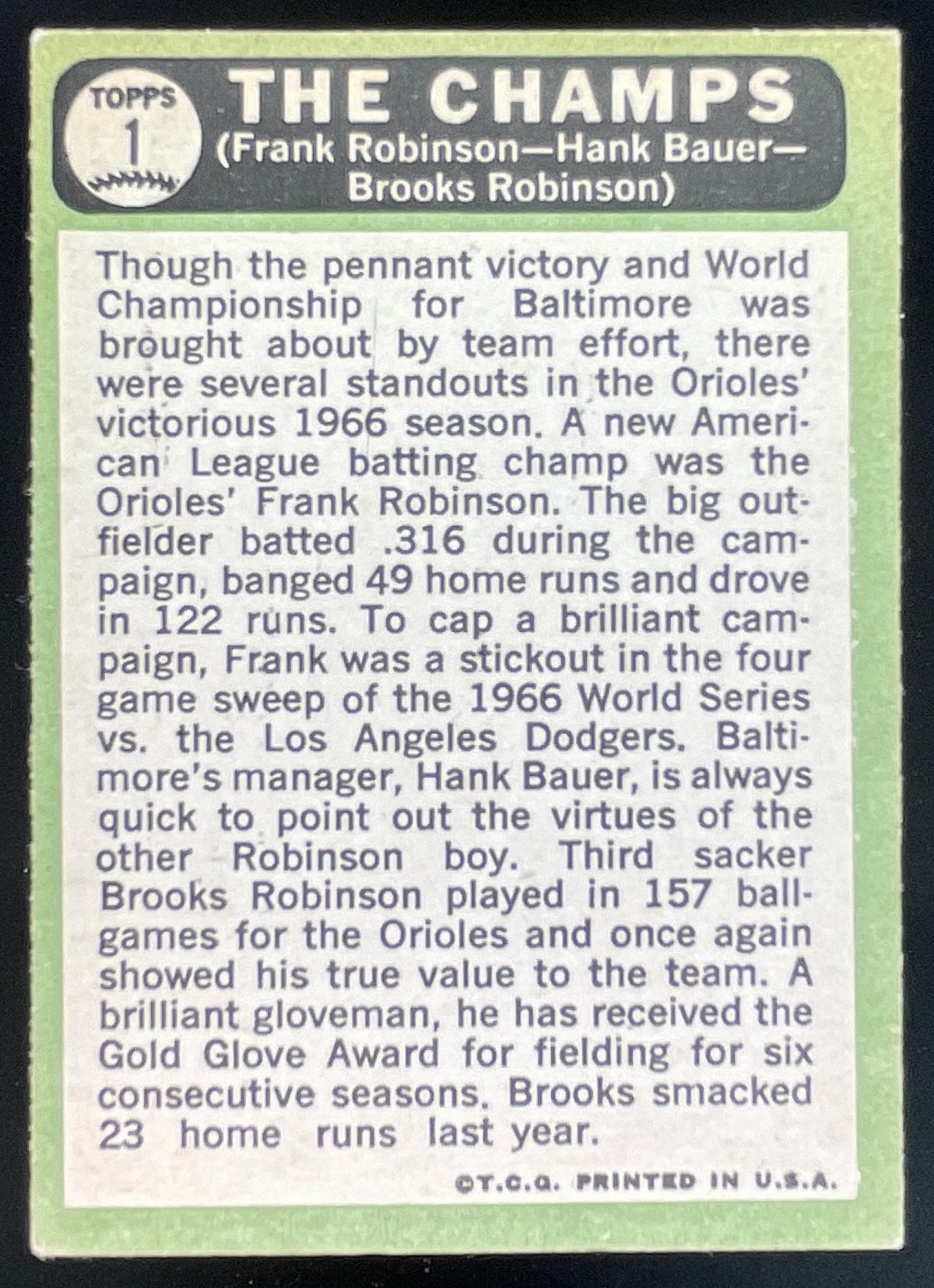1967 Topps #1 The Champs Frank Robinson Hank Bauer Brooks Robinson CPC product image 2, provided for visual reference and