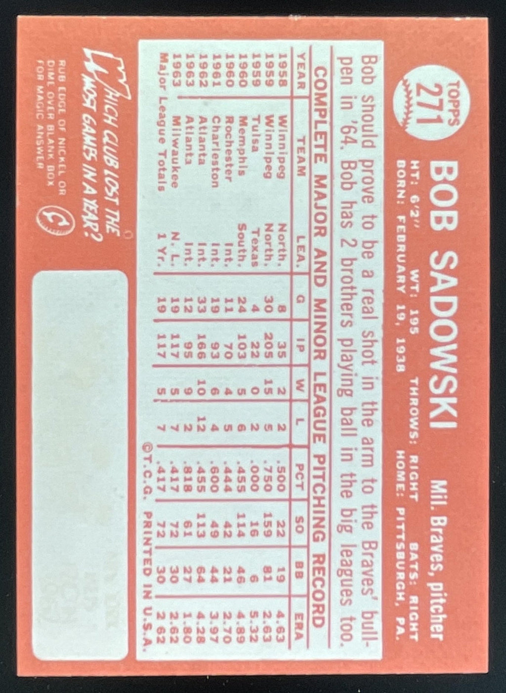 1964 Topps #271 Bob Sadowski RC product image 2, provided for visual reference and product detail review