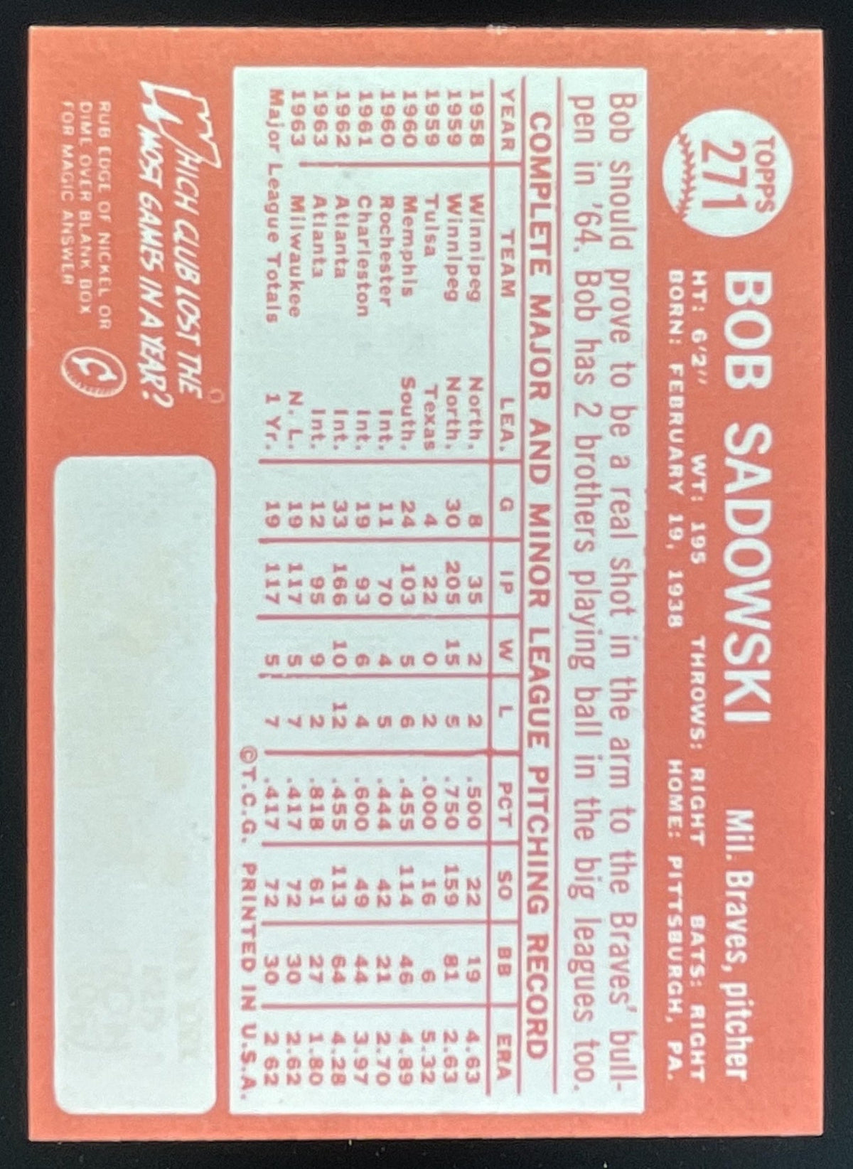 1964 Topps #271 Bob Sadowski RC product image 2, provided for visual reference and product detail review
