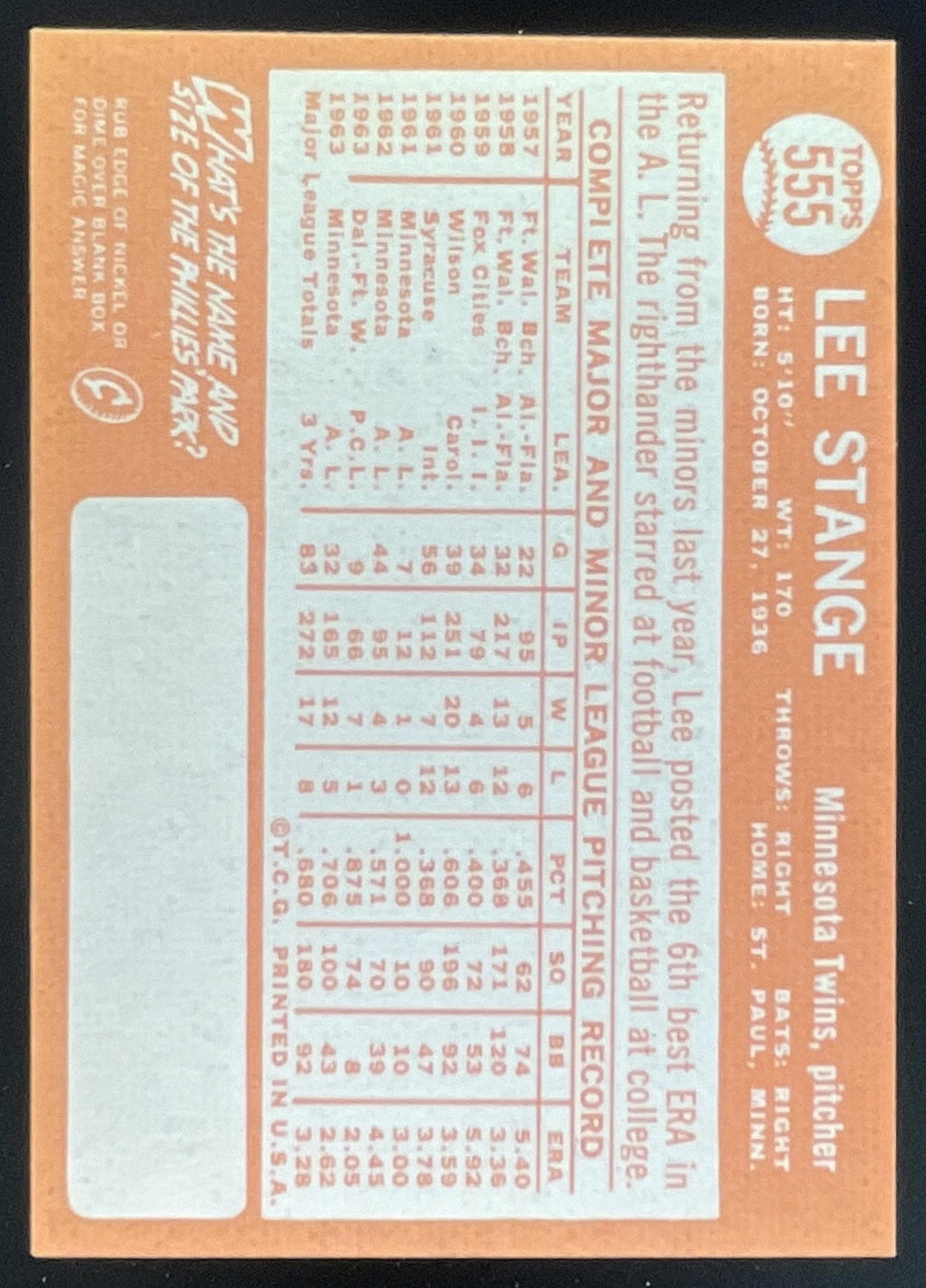 1964 Topps #555 Lee Stange product image 2, provided for visual reference and product detail review