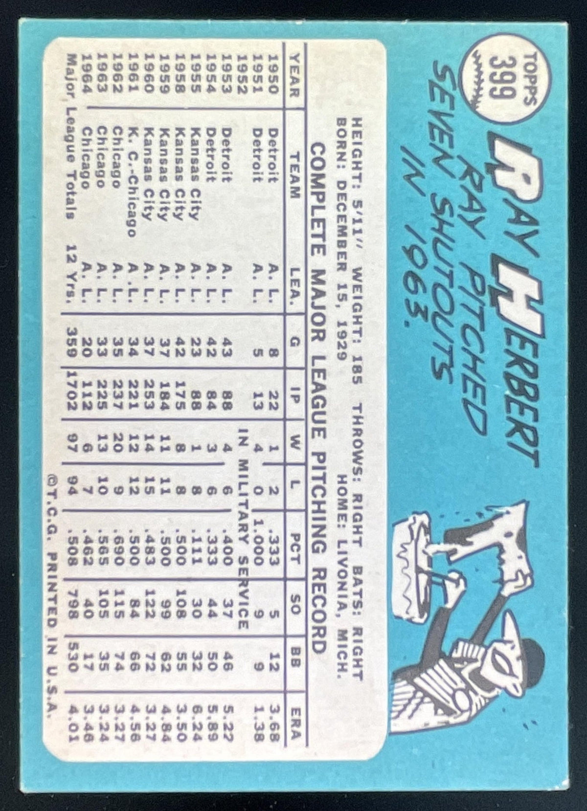 1965 Topps #399 Ray Herbert product image 2, provided for visual reference and product detail review