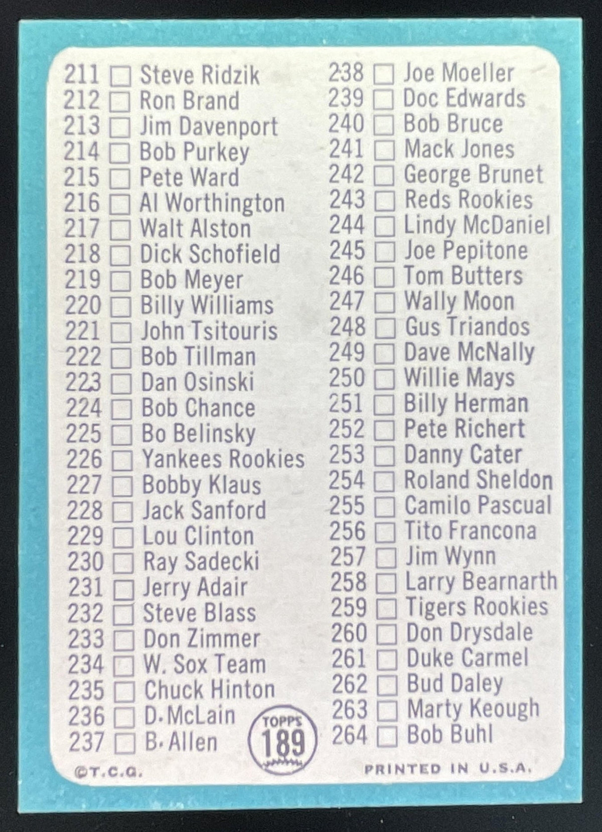 1965 Topps #189 3rd Series Checklist: 177-264 product image 2, provided for visual reference and product detail review