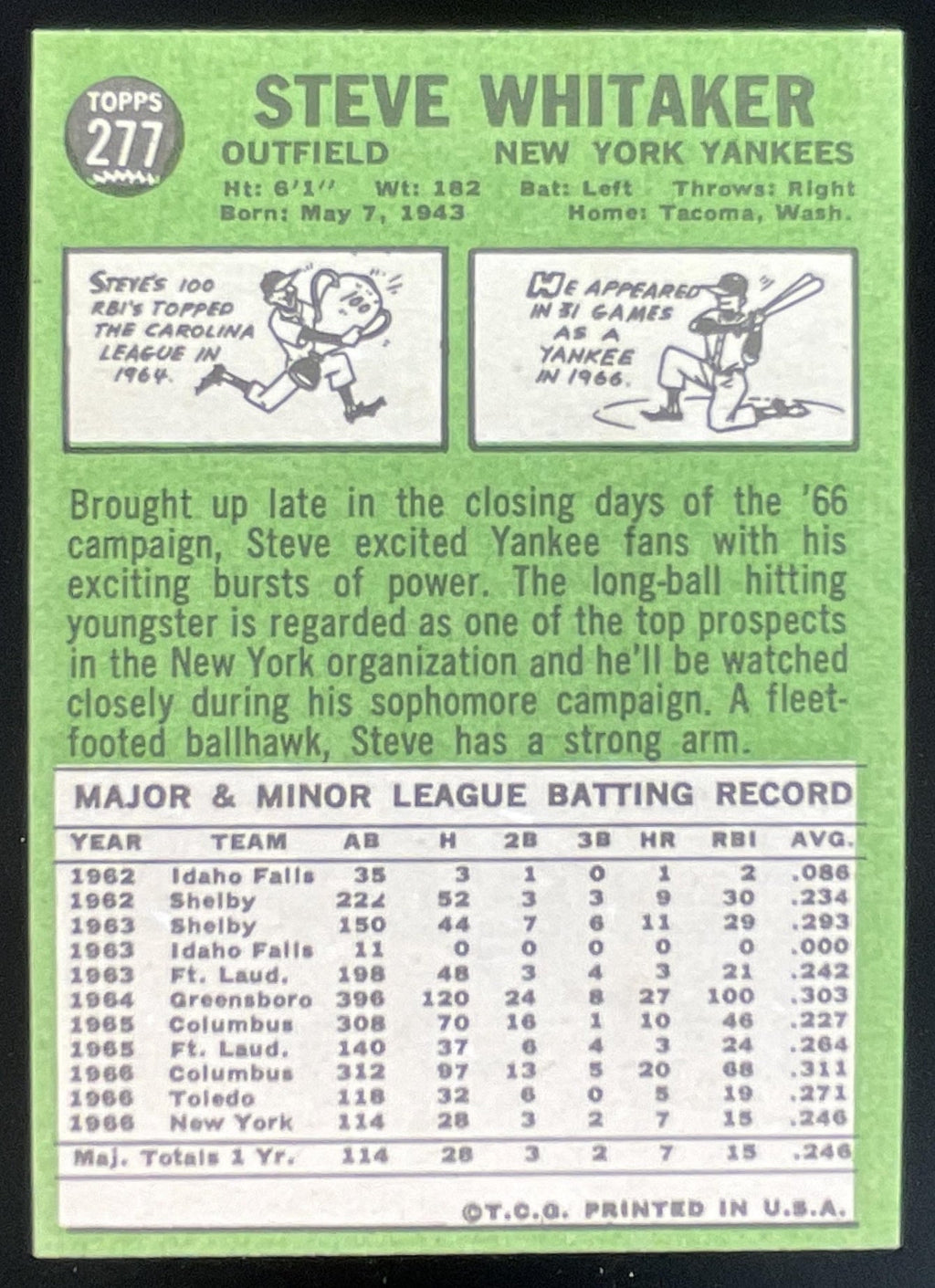 1967 Topps #277 Steve Whitaker RC product image 2, provided for visual reference and product detail review