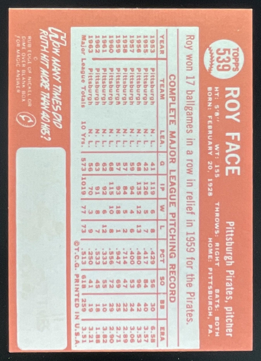 1964 Topps #539 Roy Face product image 2, provided for visual reference and product detail review