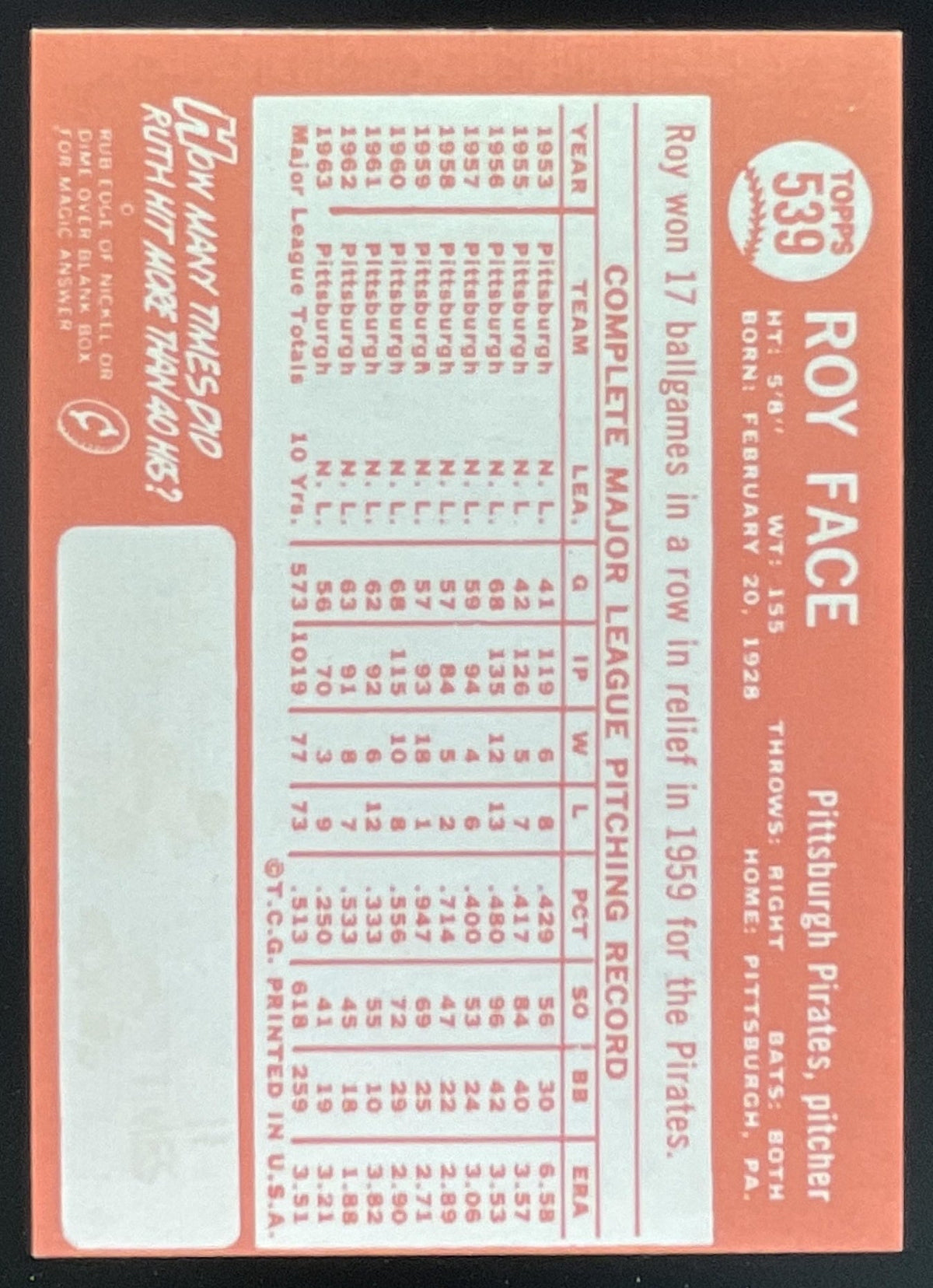 1964 Topps #539 Roy Face product image 2, provided for visual reference and product detail review