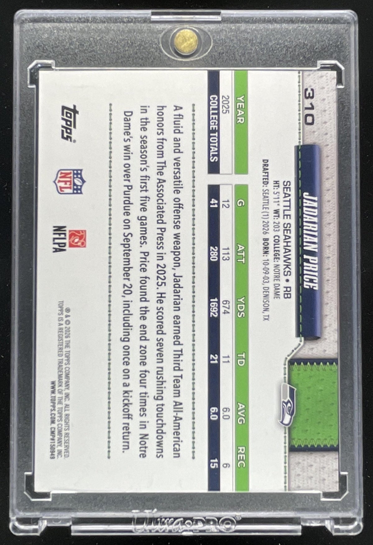 2026 Topps True Photo Variation #310 Jadarian Price RC SSP product image 2, provided for visual reference and product detail