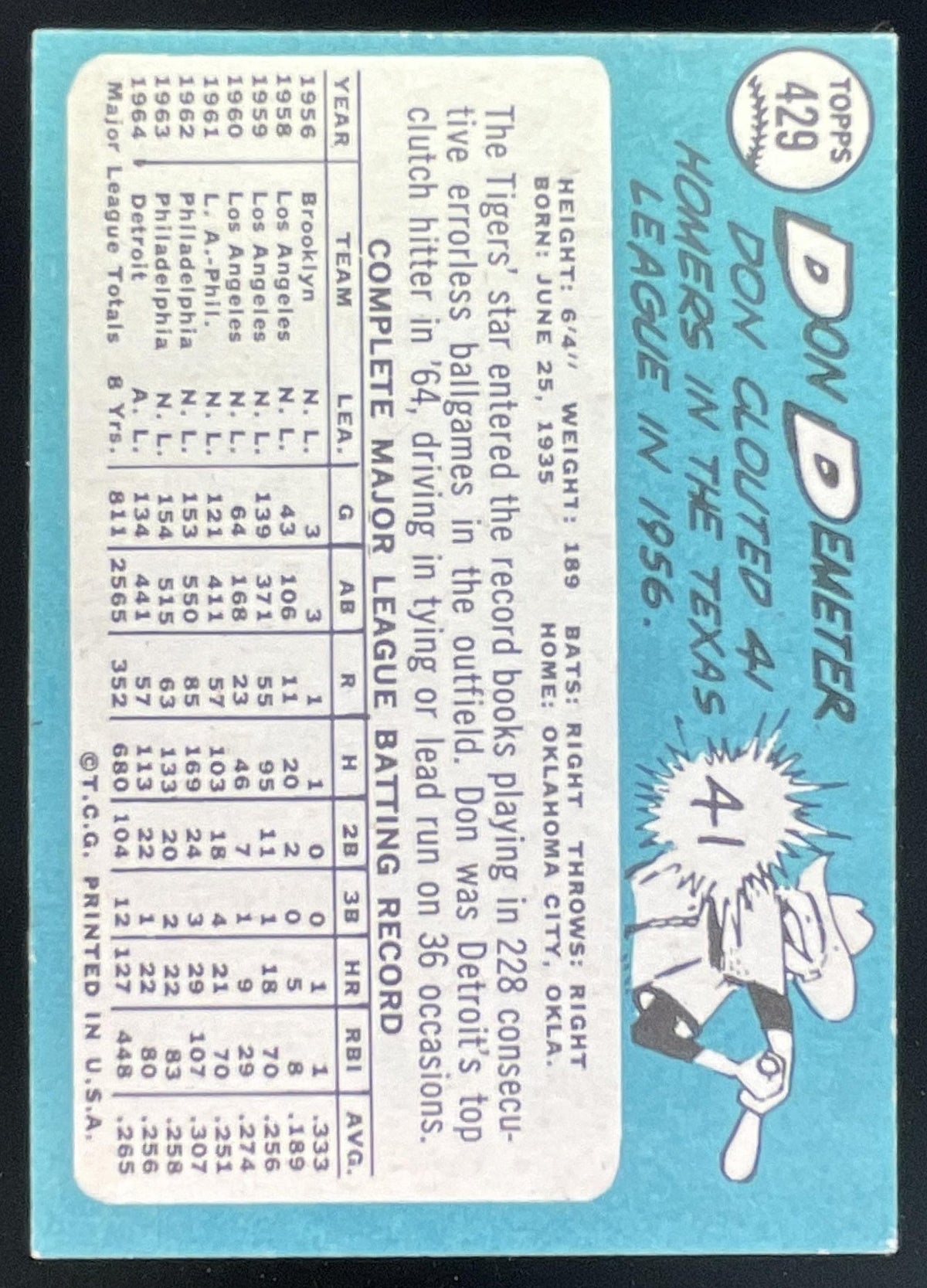 1965 Topps #429 Don Demeter product image 2, provided for visual reference and product detail review