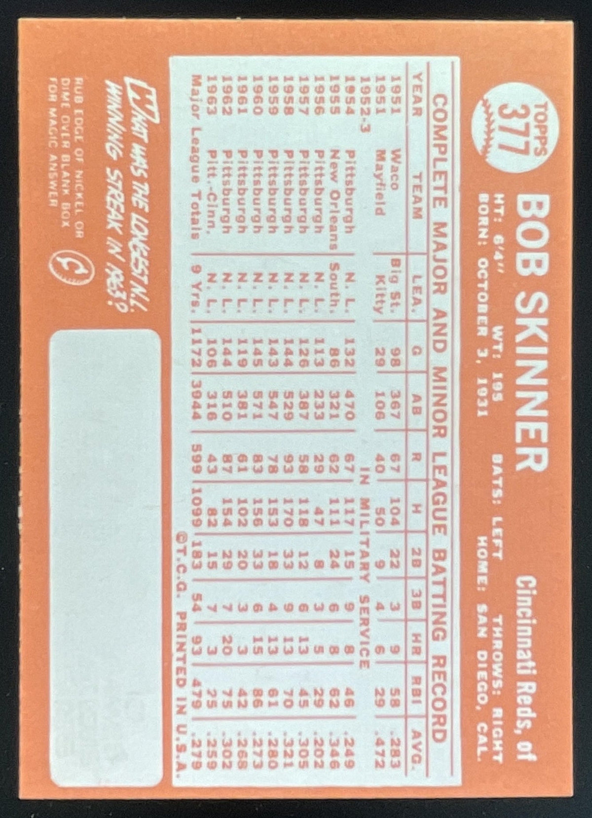 1964 Topps #377 Bob Skinner product image 2, provided for visual reference and product detail review