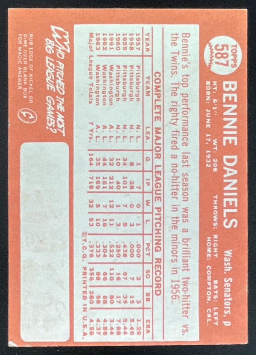 1964 Topps #587 Bennie Daniels product image 2, provided for visual reference and product detail review