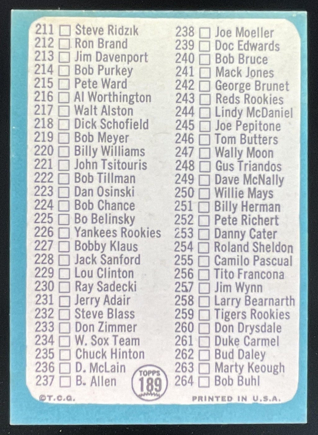 1965 Topps #189 3rd Series Checklist: 177-264 product image 2, provided for visual reference and product detail review