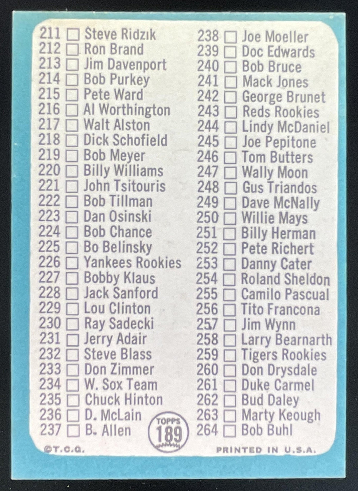 1965 Topps #189 3rd Series Checklist: 177-264 product image 2, provided for visual reference and product detail review