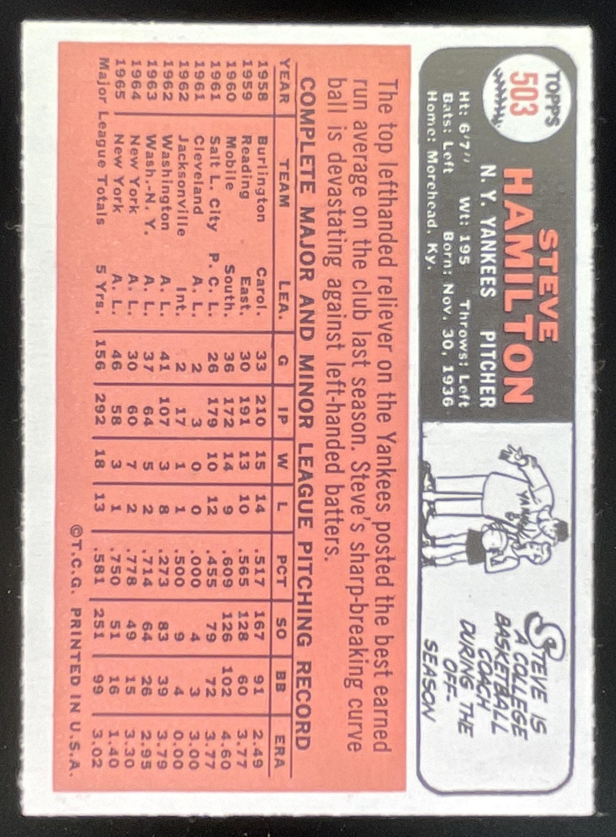 1966 Topps #503 Steve Hamilton product image 2, provided for visual reference and product detail review