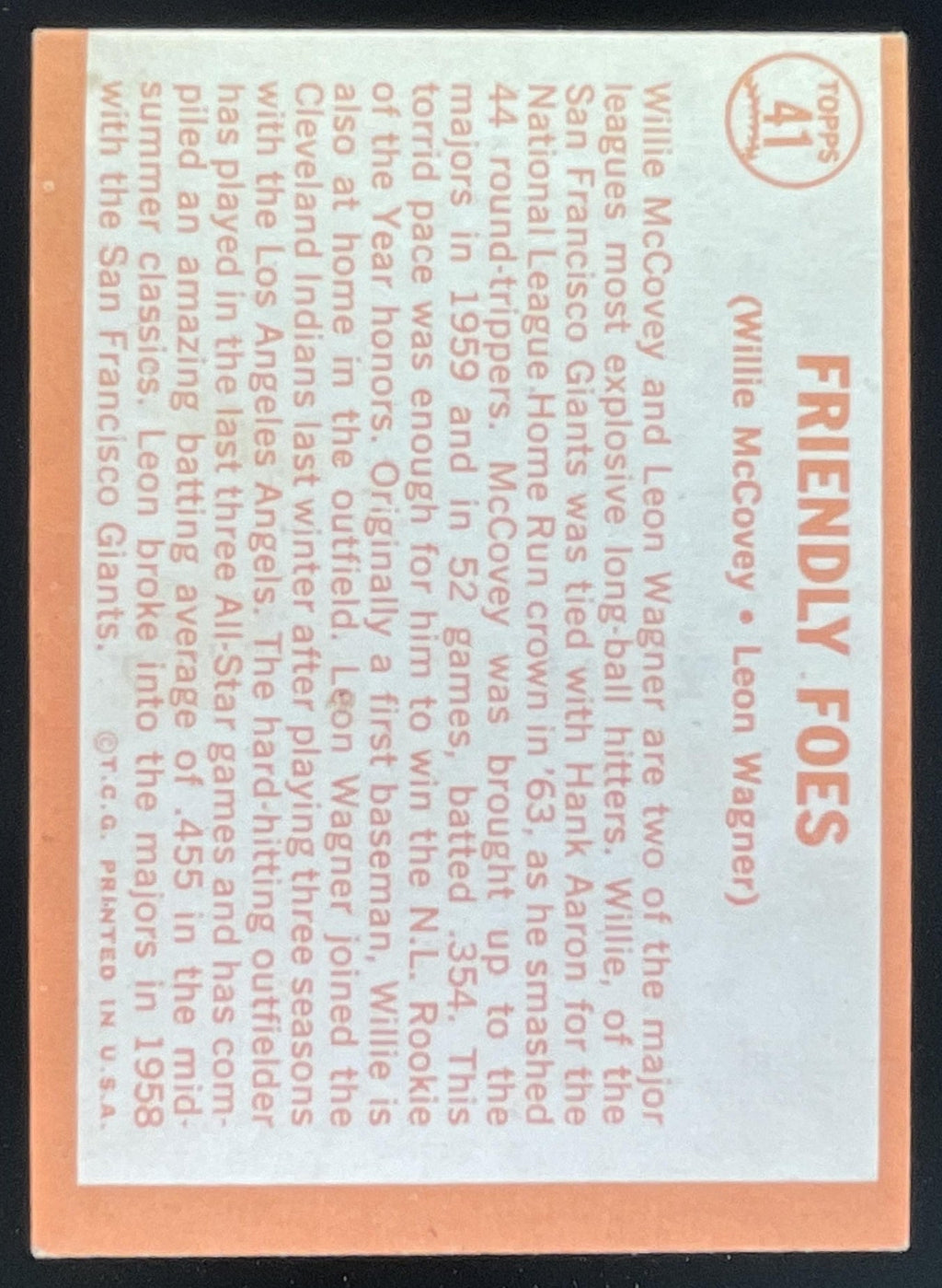 1964 Topps #41 Friendly Foes Willie McCovey Leon Wagner C product image 2, provided for visual reference and product detail