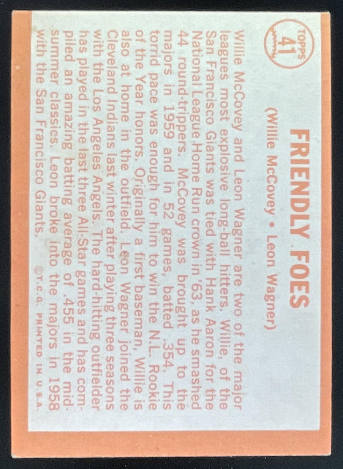 1964 Topps #41 Friendly Foes Willie McCovey Leon Wagner C product image 2, provided for visual reference and product detail