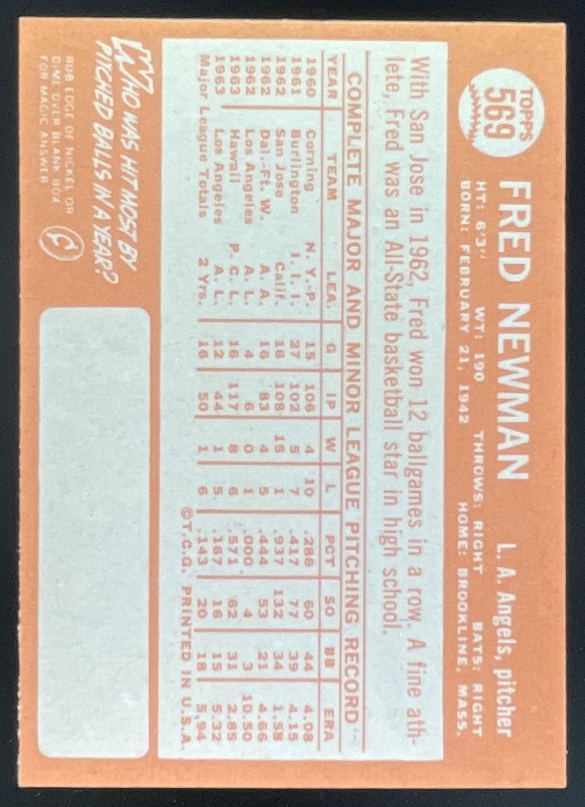 1964 Topps #569 Fred Newman product image 2, provided for visual reference and product detail review