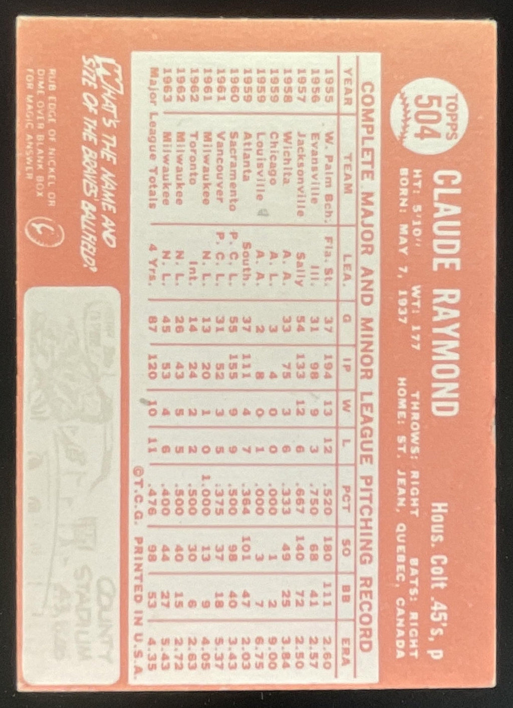 1964 Topps #504 Claude Raymond product image 2, provided for visual reference and product detail review
