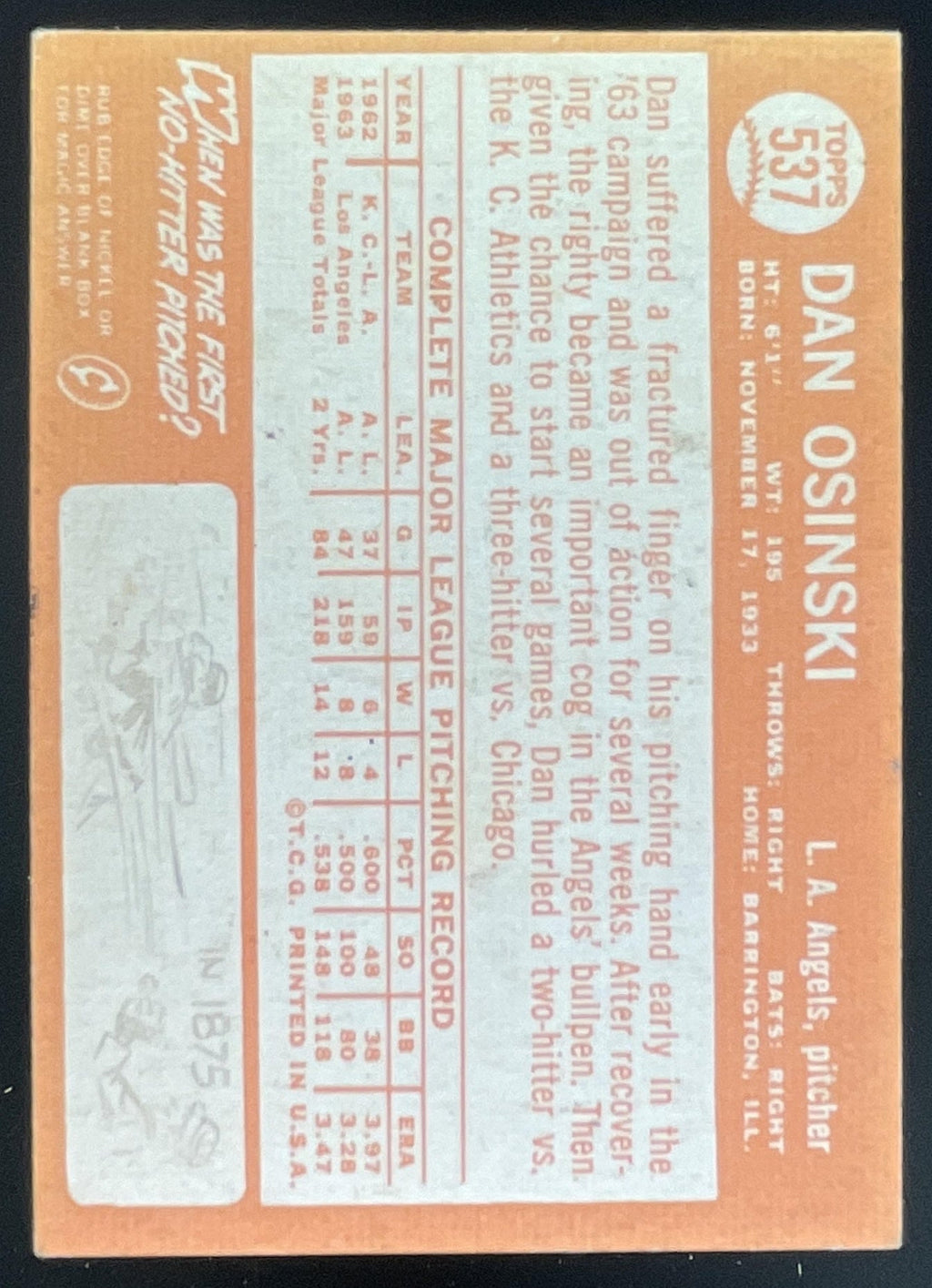 1964 Topps #537 Dan Osinski product image 2, provided for visual reference and product detail review