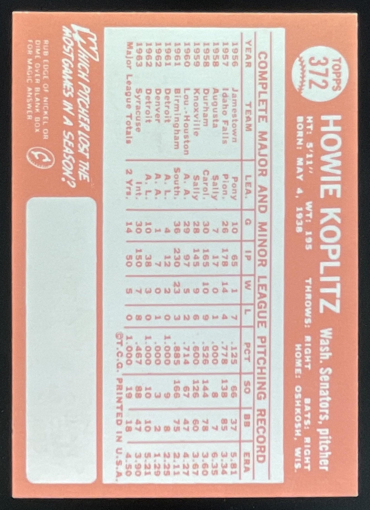 1964 Topps #372 Howie Koplitz product image 2, provided for visual reference and product detail review