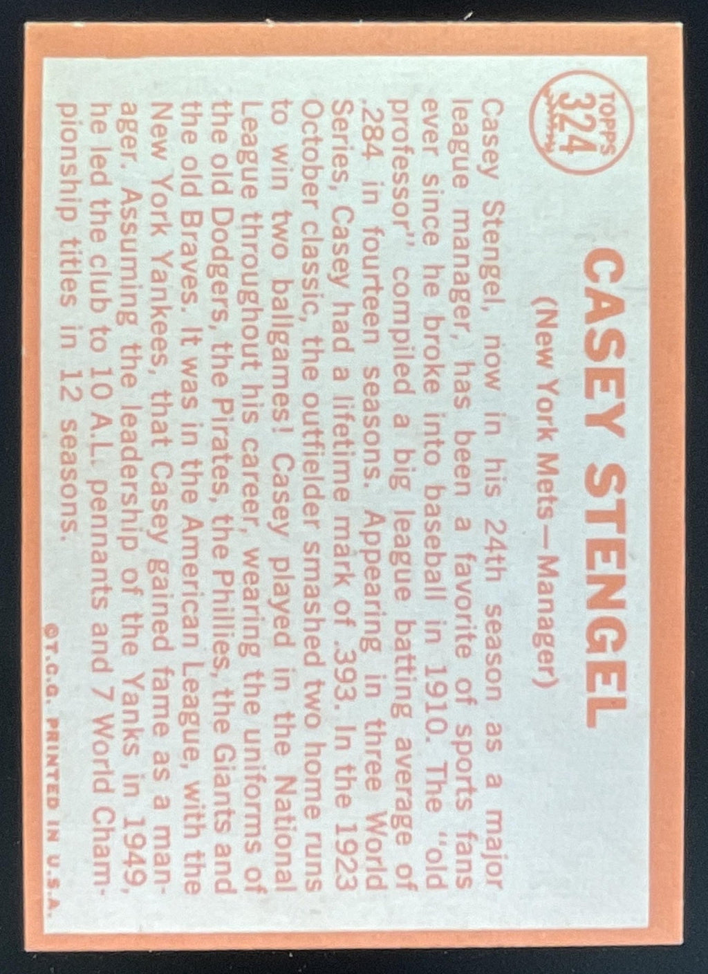 1964 Topps #324 Casey Stengel product image 2, provided for visual reference and product detail review